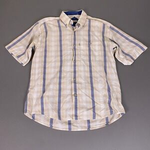 Red Polo Classic Mens Medium Beige Blue Striped Short Sleeve Button Up Shirt